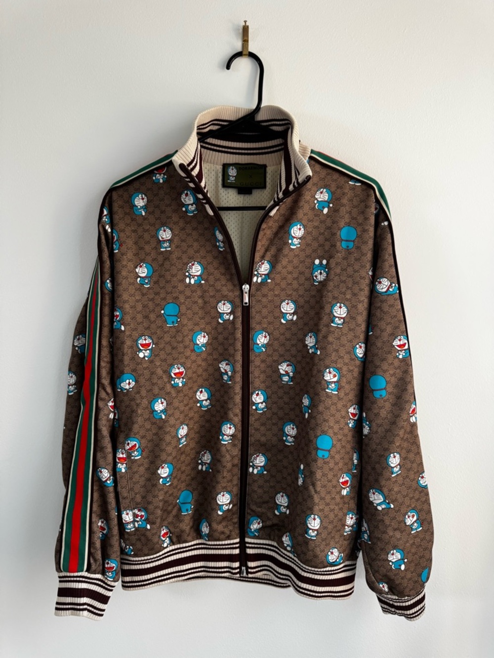 Gucci Brown GG Logo Track Jacket with Blue Doraemon Print